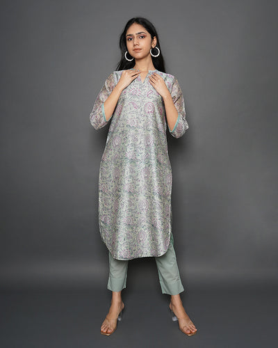 Shady Grey Floral Print Chanderi Kurta Set