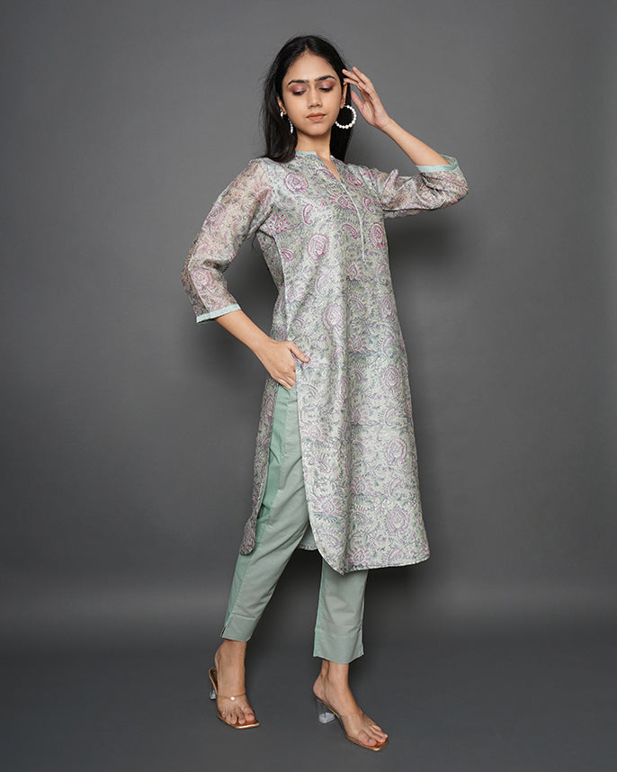 Shady Grey Floral Print Chanderi Kurta Set