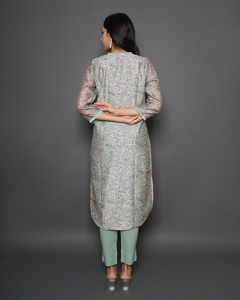 Shady Grey Floral Print Chanderi Kurta Set