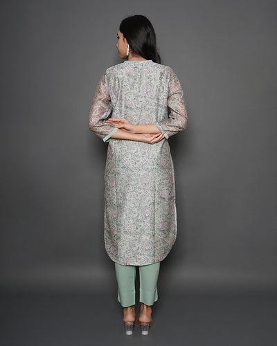 Shady Grey Floral Print Chanderi Kurta Set