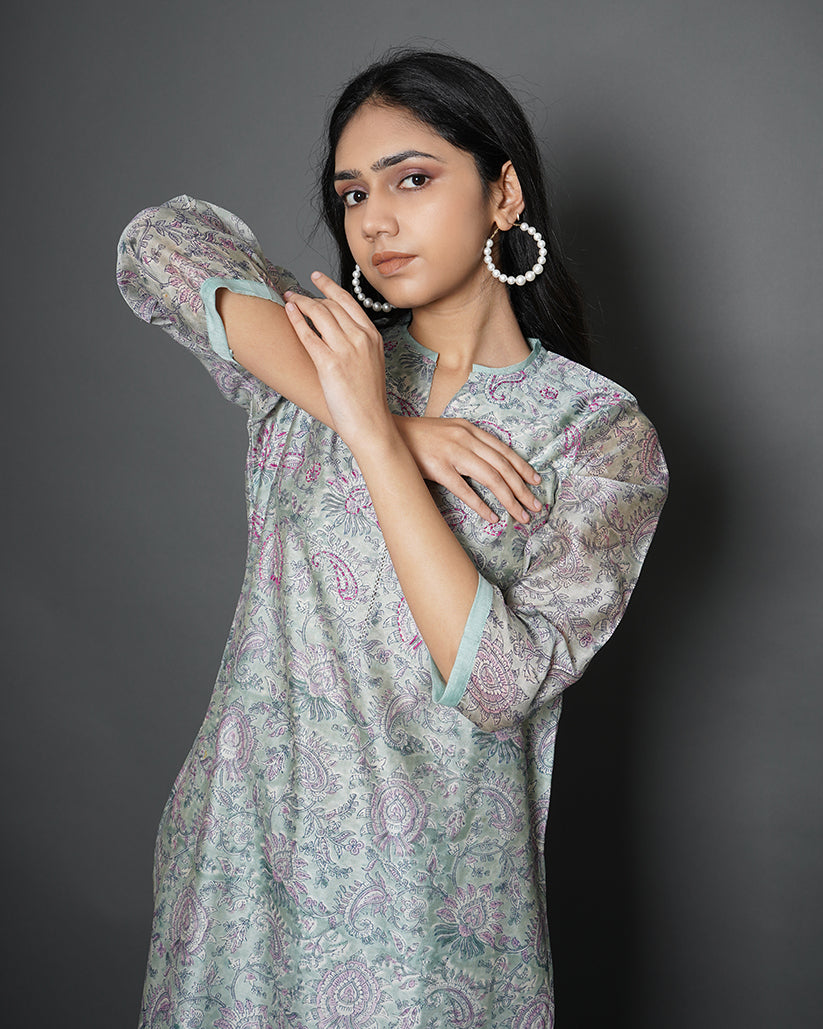 Shady Grey Floral Print Chanderi Kurta Set