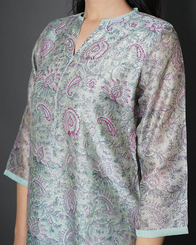 Shady Grey Floral Print Chanderi Kurta Set