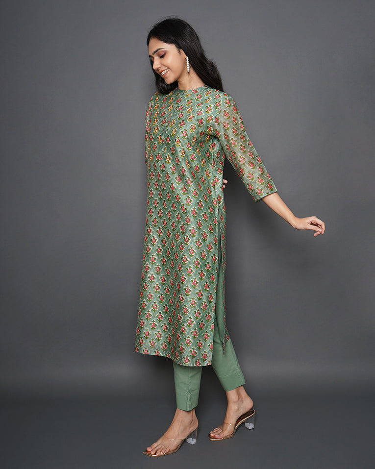 Grassland Handblock Print Chanderi Kurta Set