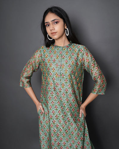 Grassland Handblock Print Chanderi Kurta Set