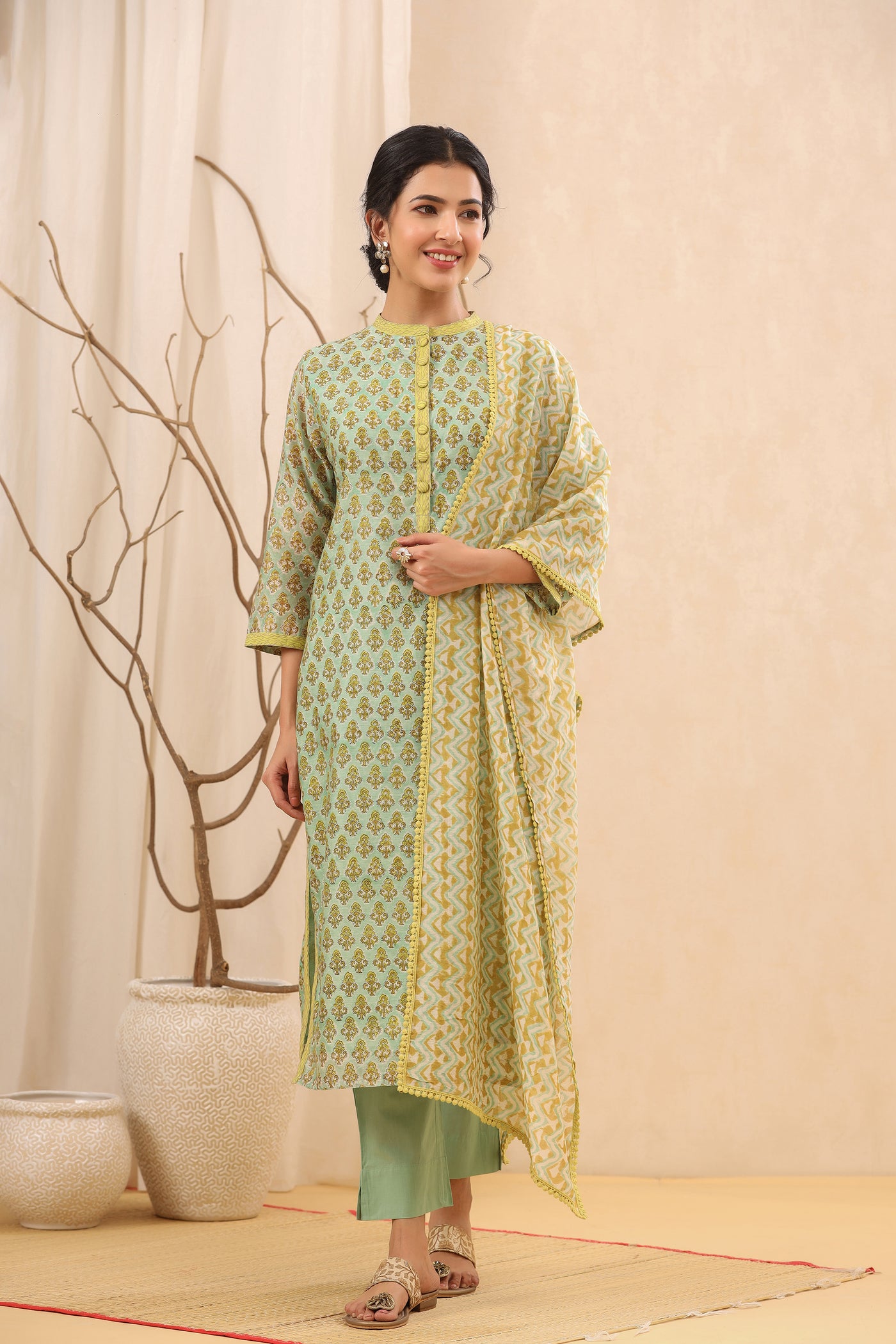 Mint & Lime Printed Chanderi Suit Set