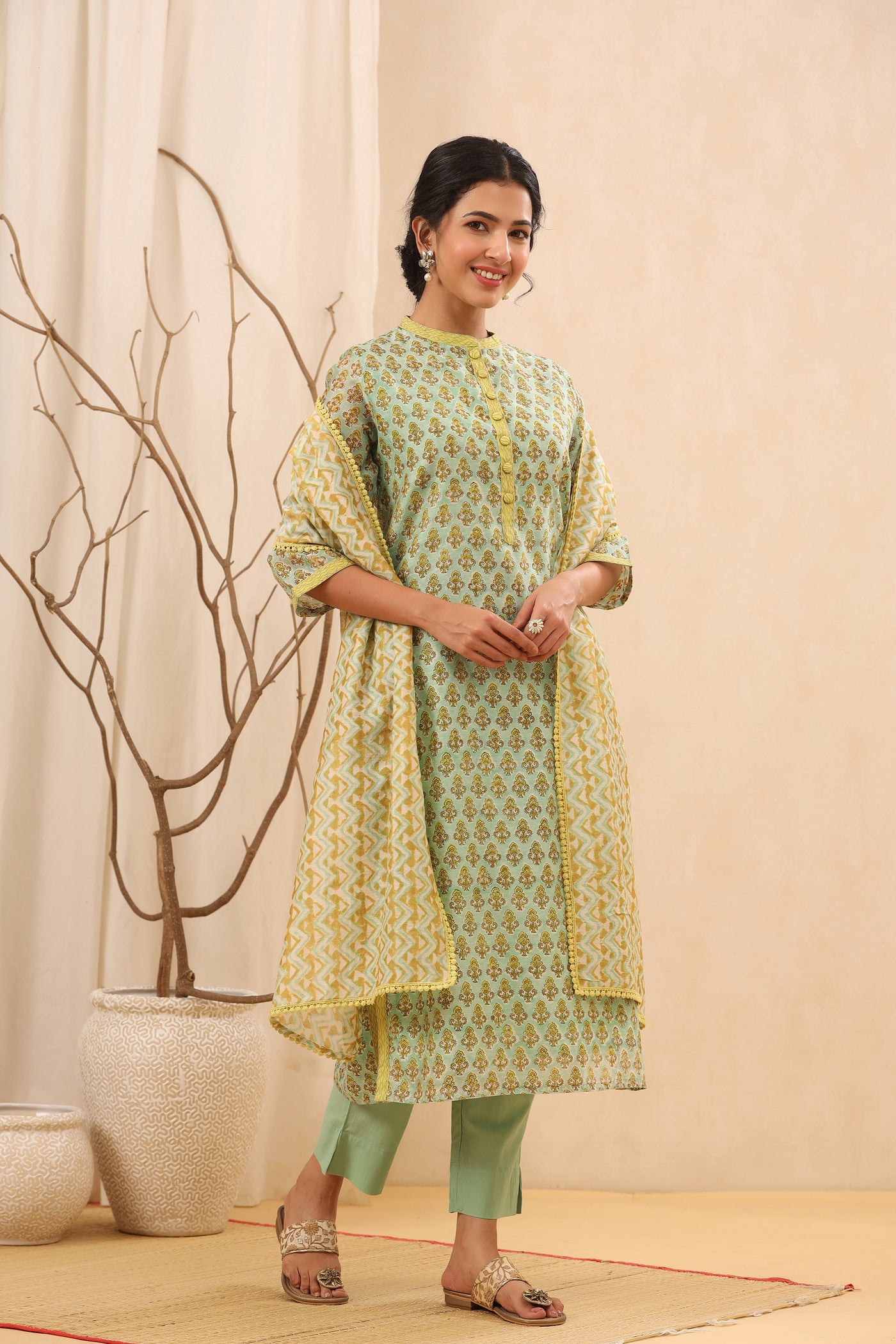 Mint & Lime Printed Chanderi Suit Set