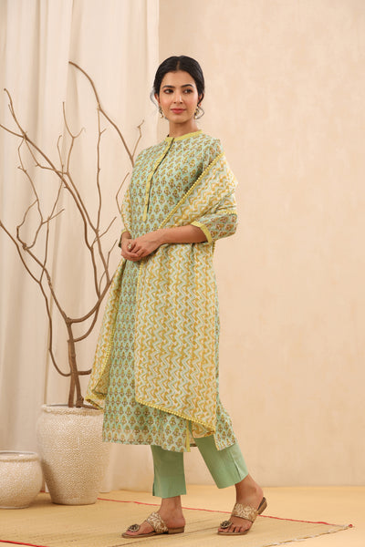 Mint & Lime Printed Chanderi Suit Set