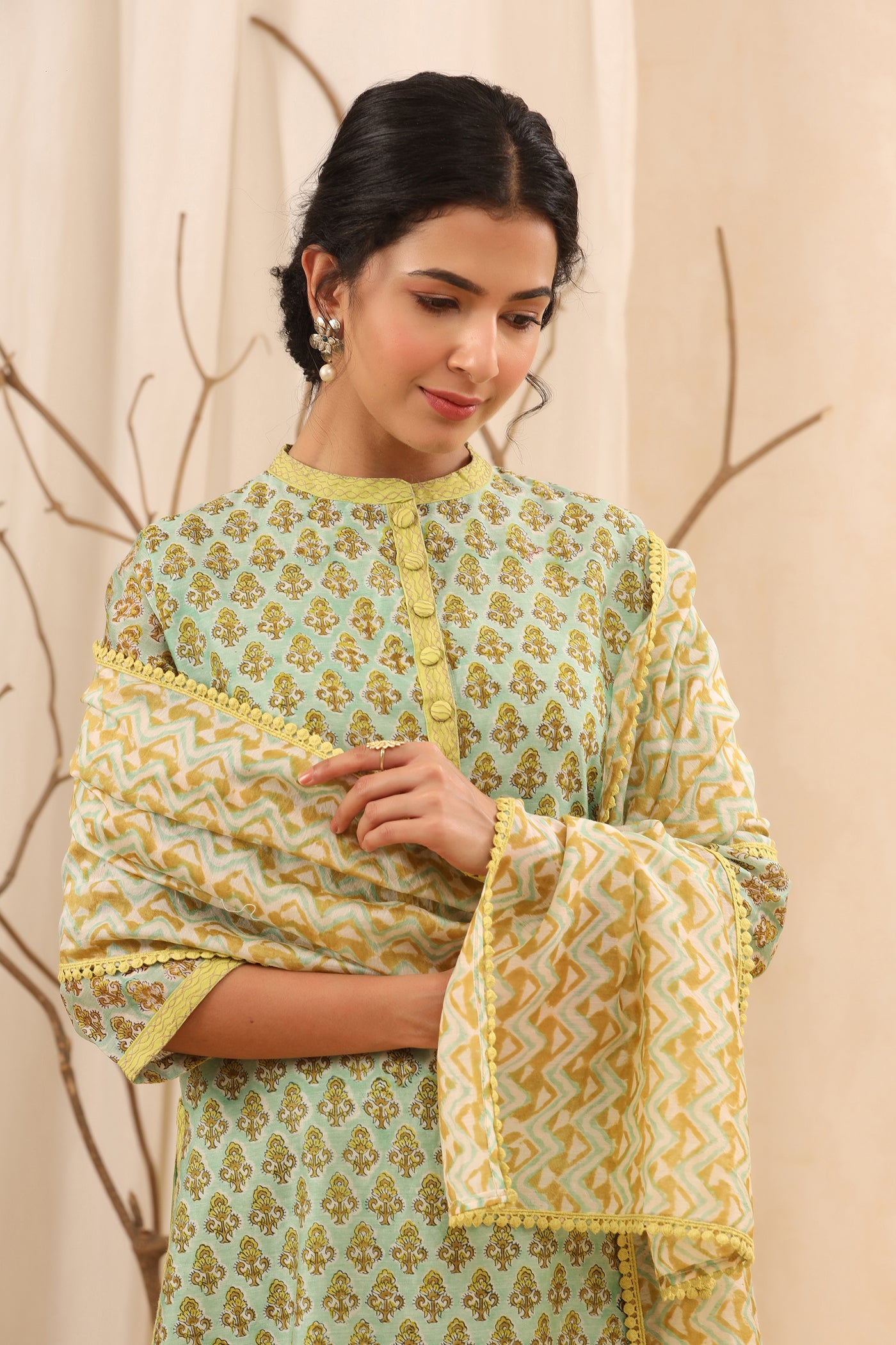 Mint & Lime Printed Chanderi Suit Set