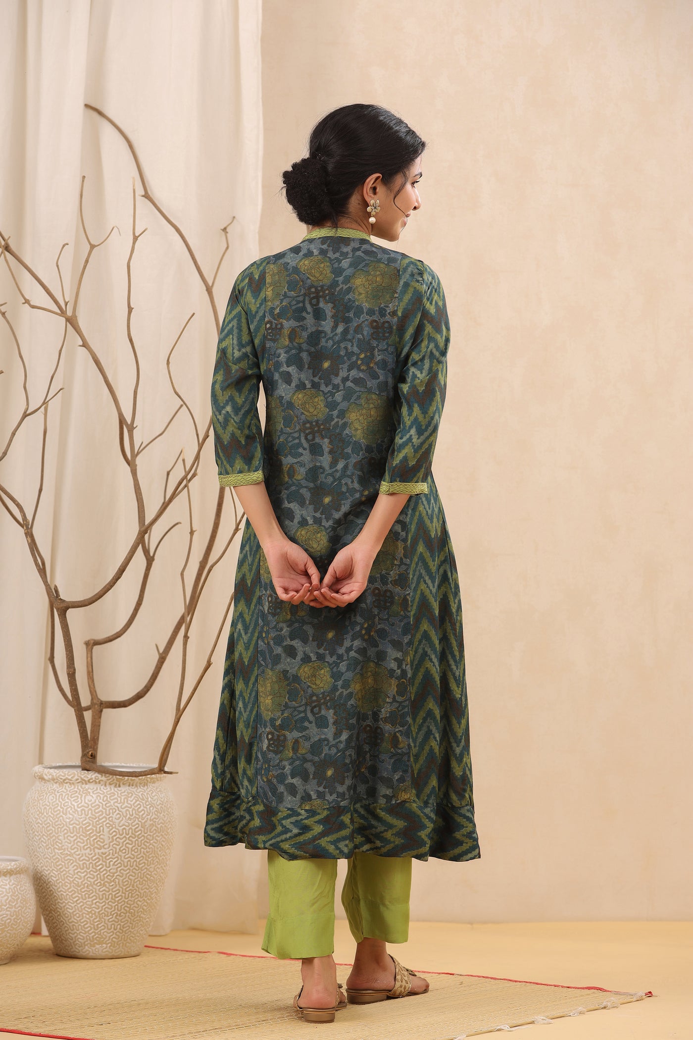 Serene Garden Dark Green Printed Muslin Embroidered Kurta Set