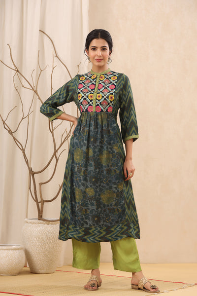 Serene Garden Dark Green Printed Muslin Embroidered Kurta Set