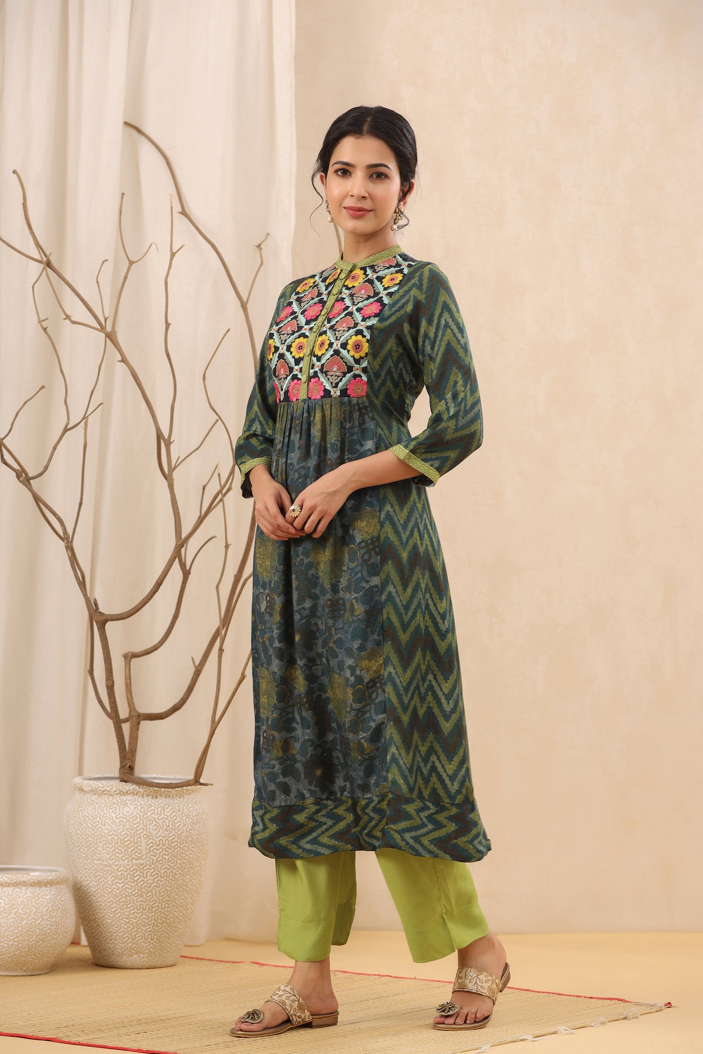 Serene Garden Dark Green Printed Muslin Embroidered Kurta Set