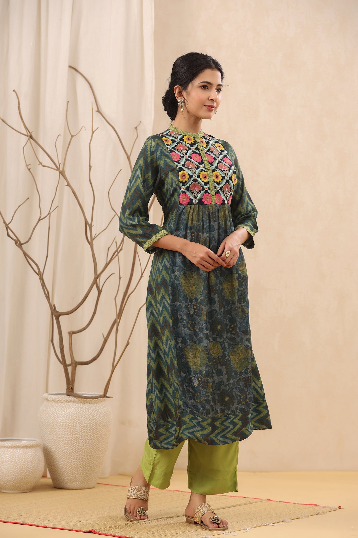 Serene Garden Dark Green Printed Muslin Embroidered Kurta Set