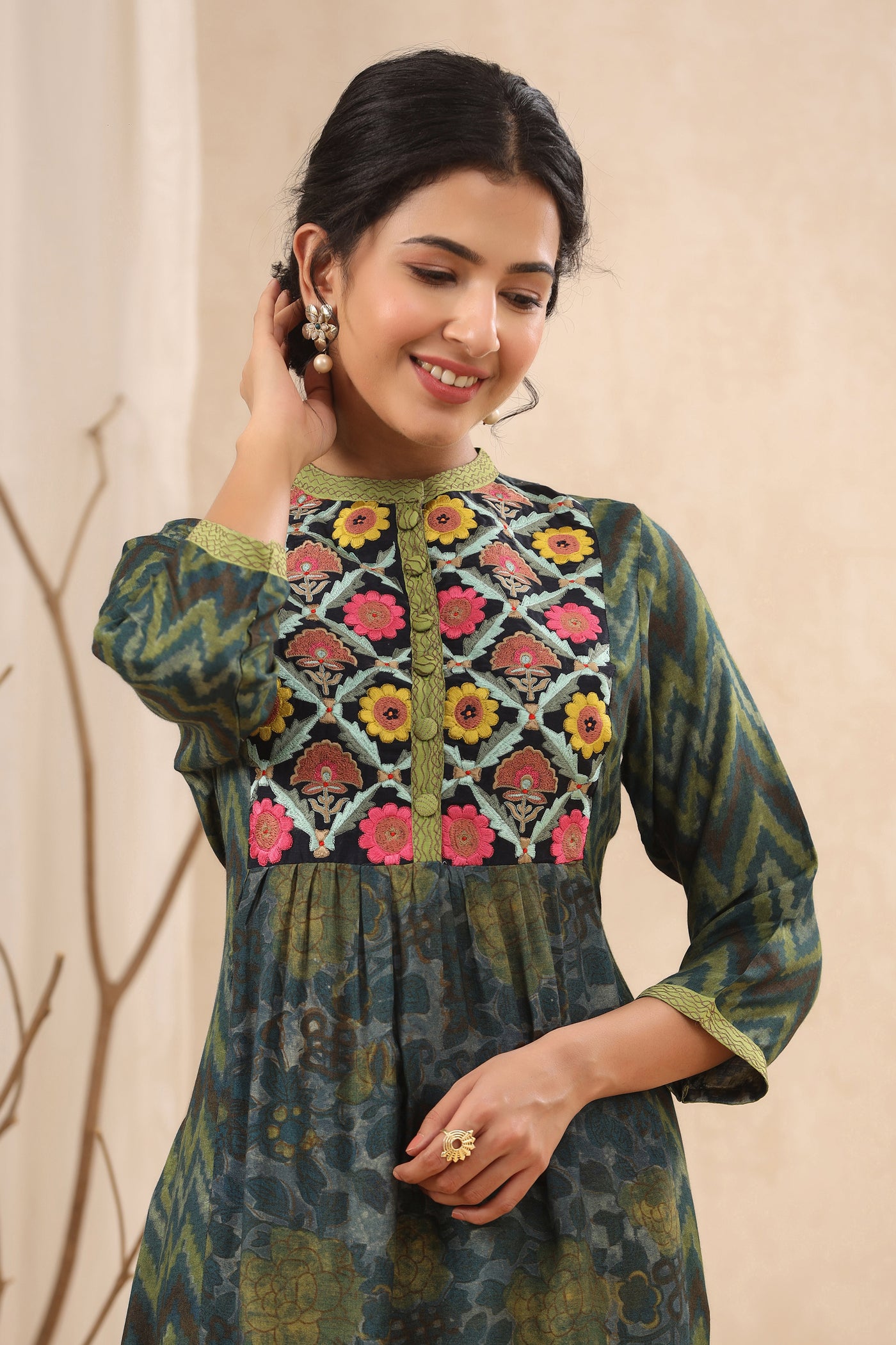 Serene Garden Dark Green Printed Muslin Embroidered Kurta Set