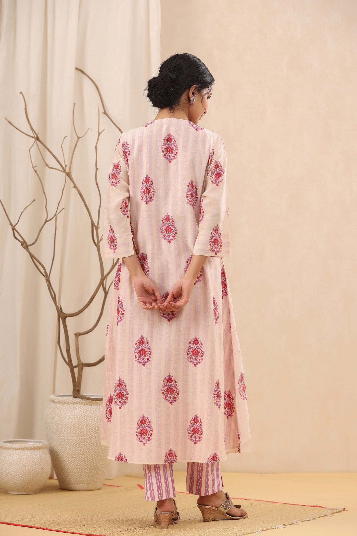 Blooming Pink Handblock Print A-line Chanderi Kurta Set