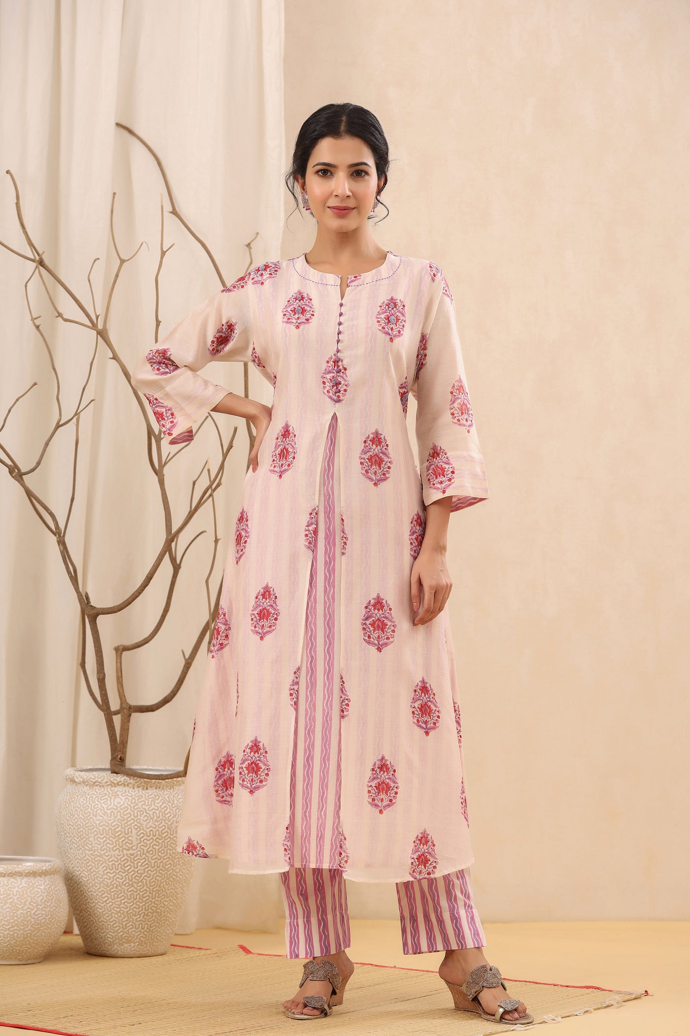 Blooming Pink Handblock Print A-line Chanderi Kurta Set