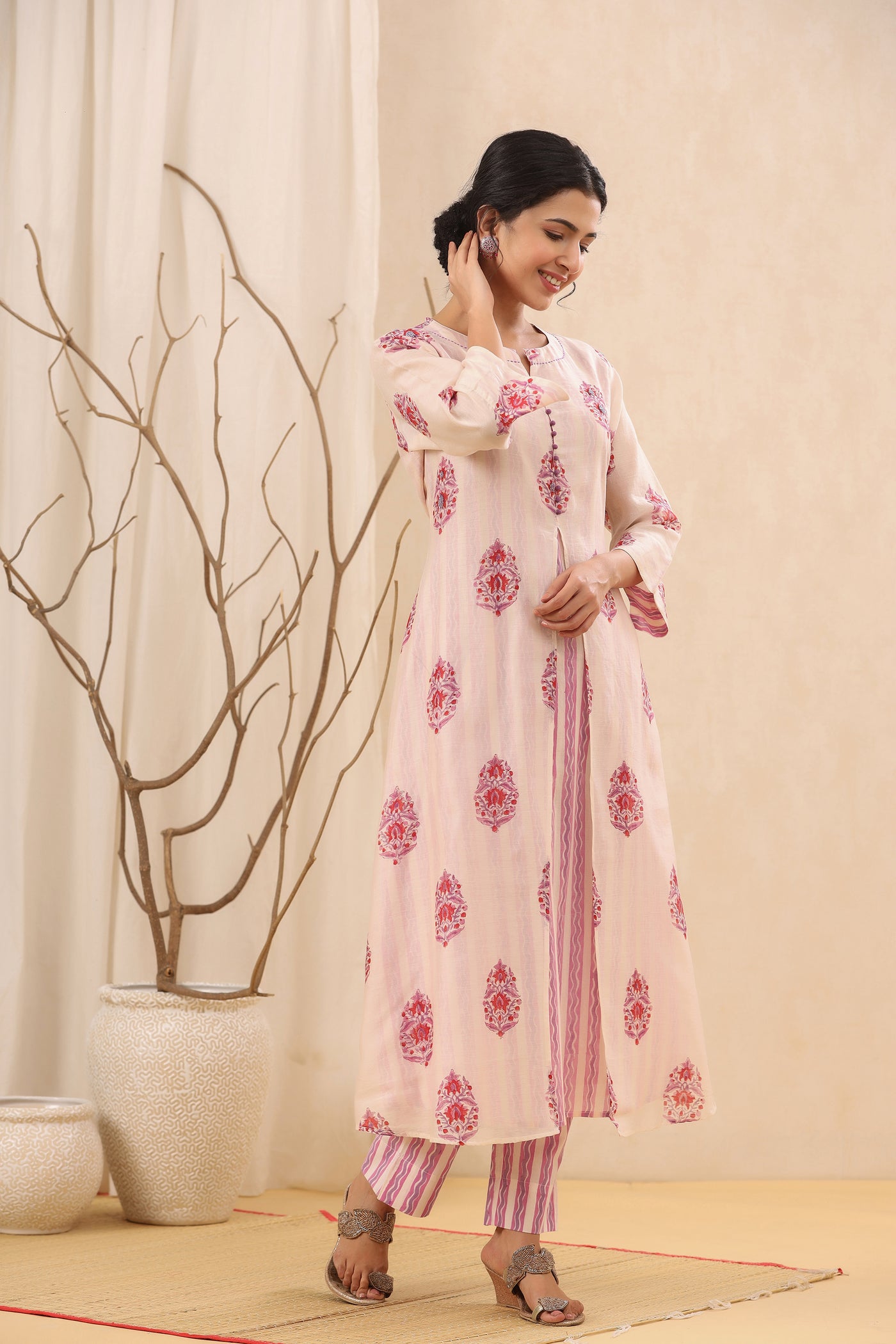 Blooming Pink Handblock Print A-line Chanderi Kurta Set