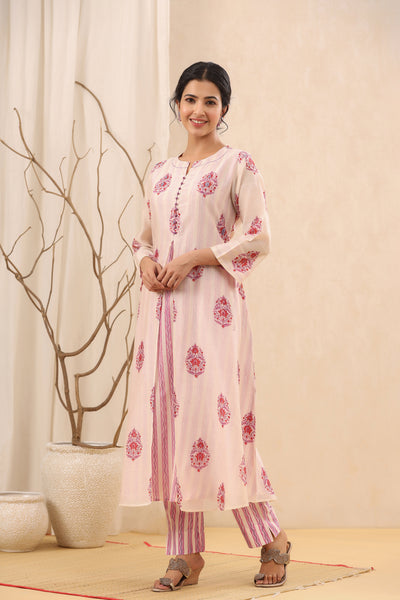 Blooming Pink Handblock Print A-line Chanderi Kurta Set