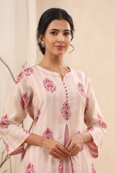 Blooming Pink Handblock Print A-line Chanderi Kurta Set