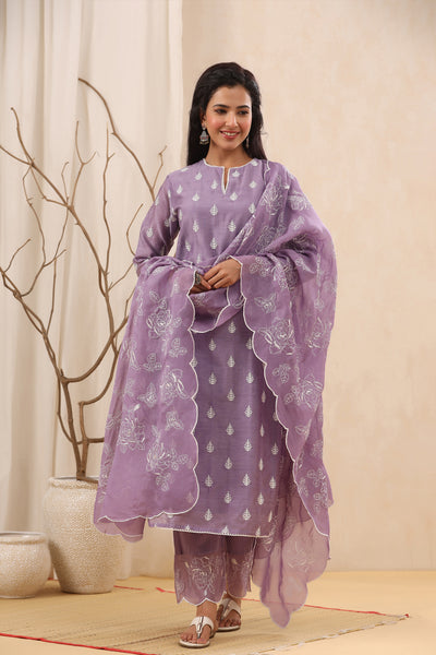 Opera Mauve Embroidered Chanderi Suit Set