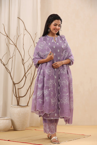 Opera Mauve Embroidered Chanderi Suit Set