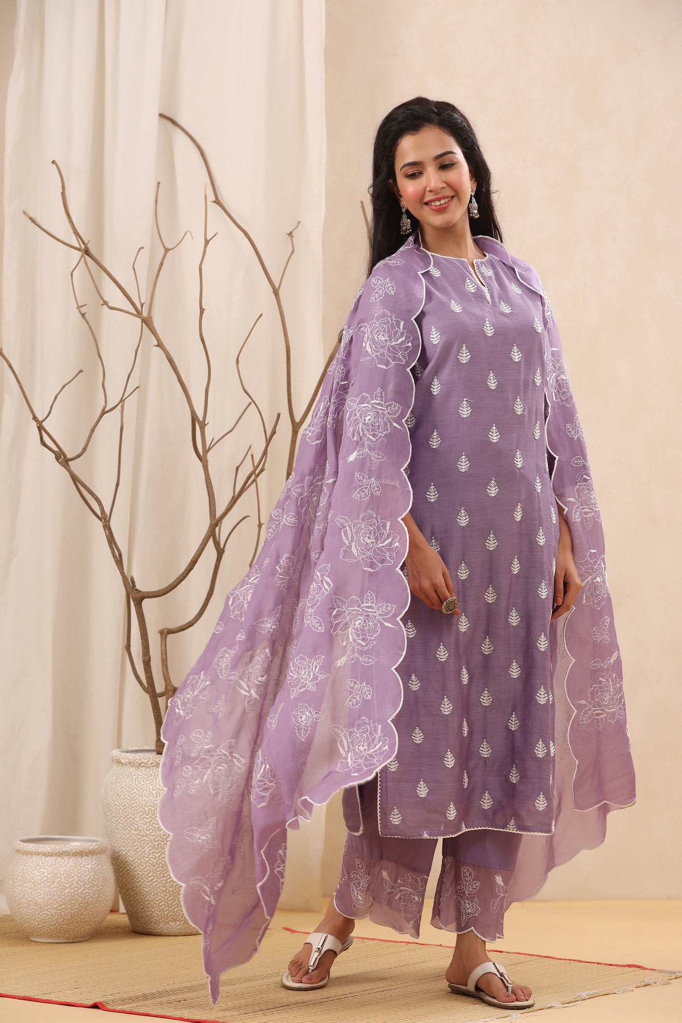 Opera Mauve Embroidered Chanderi Suit Set