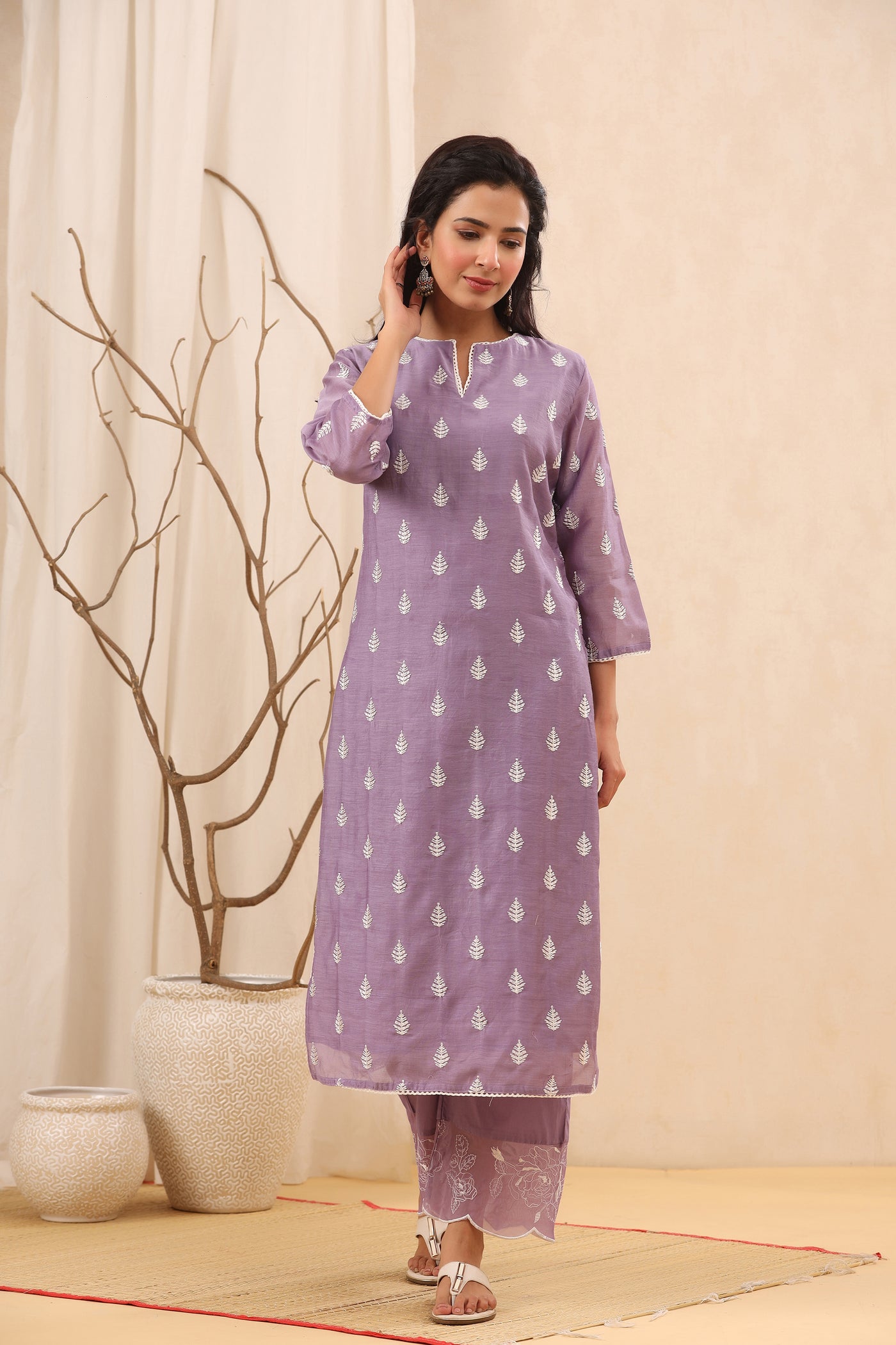 Opera Mauve Embroidered Chanderi Suit Set