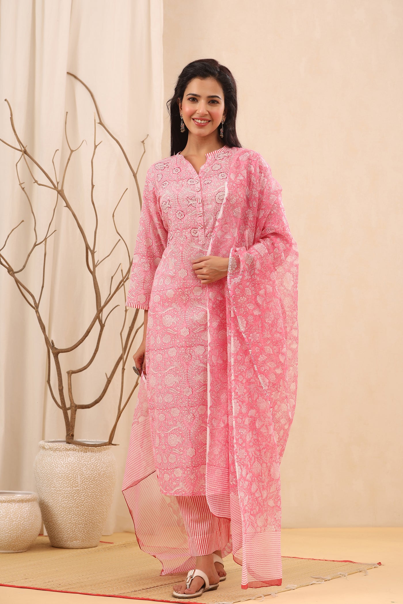 Soft Pink Floral Print Cotton Suit Set