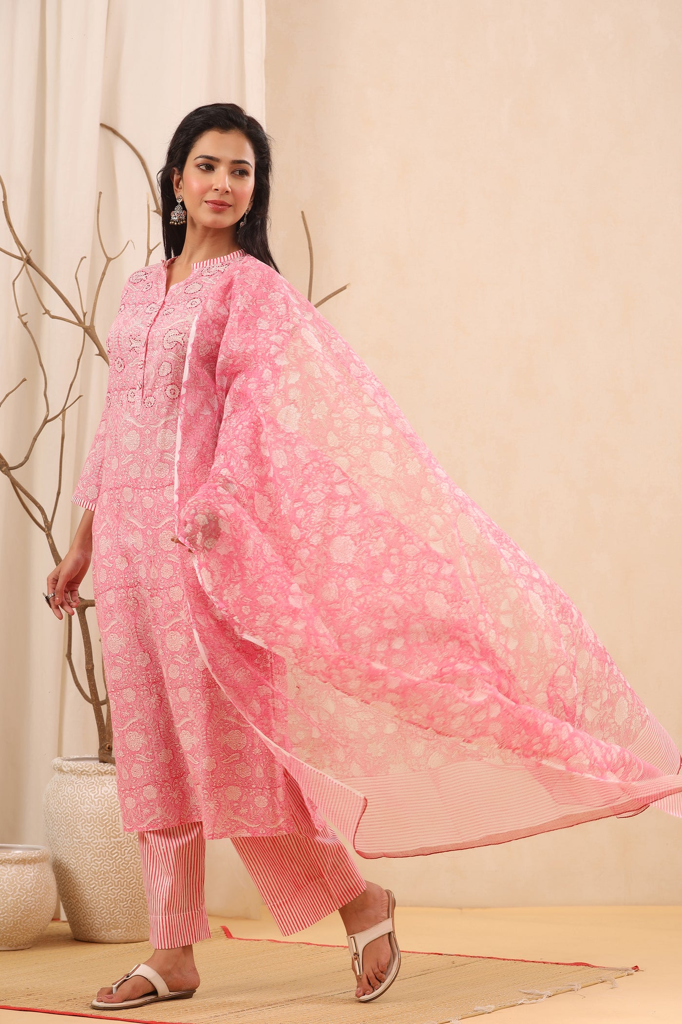 Soft Pink Floral Print Cotton Suit Set