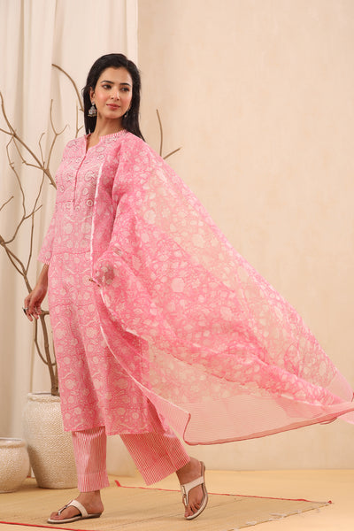 Soft Pink Floral Print Cotton Suit Set