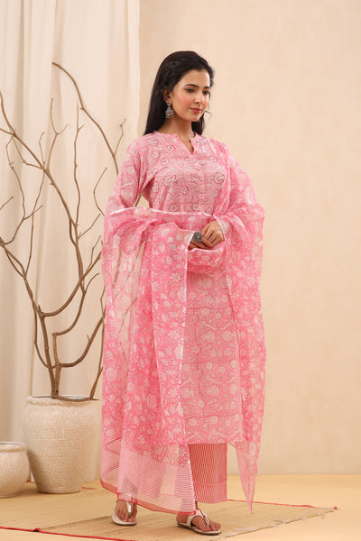 Soft Pink Floral Print Cotton Suit Set