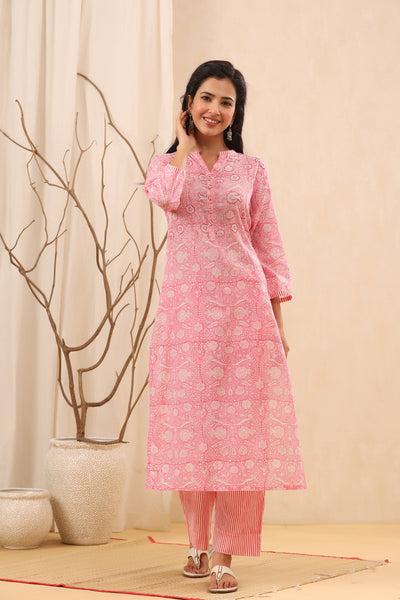 Soft Pink Floral Print Cotton Suit Set