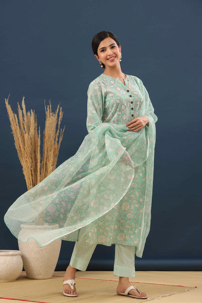 Flowering Mint Printed Cotton Suit Set