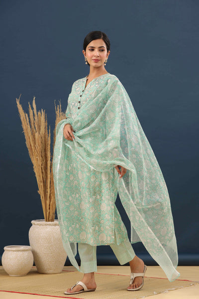 Flowering Mint Printed Cotton Suit Set