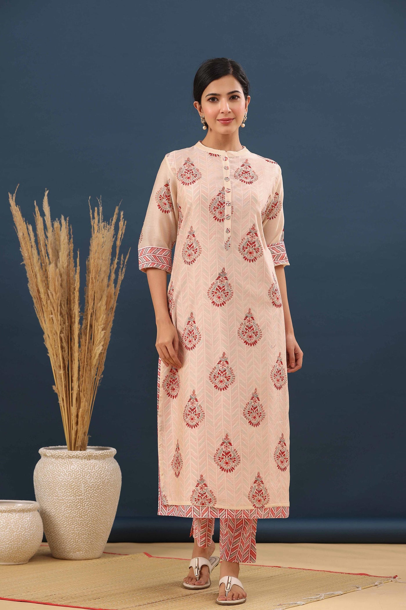 Foliate Floral Handblock Print Layered Kurta Set