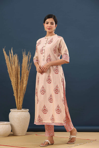 Foliate Floral Handblock Print Layered Kurta Set